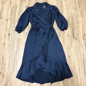 Adrianna Papell Size 6 Elegant Navy Wrap Long Sleeve V Neck Flowy Dress